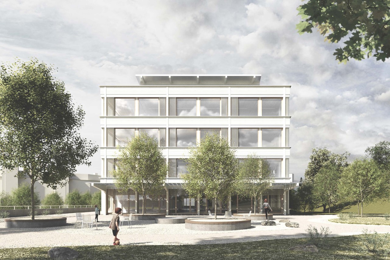 Schulanlage Riedhof Siegerprojekt KUCKUCK ‒ Visualisierung Fassadenansicht mit Pausenbereich (Visualisierung: Jonas Wüest Architekten)